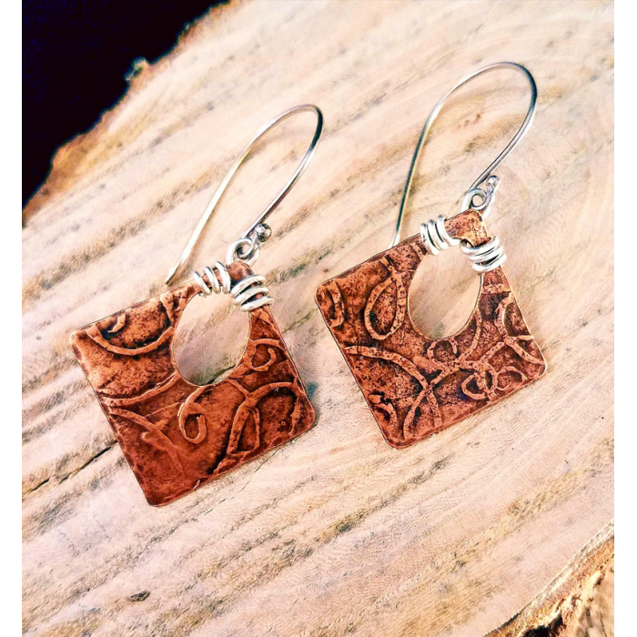 Etched copper diamonds wire wrapped in sterling silver Benchwork